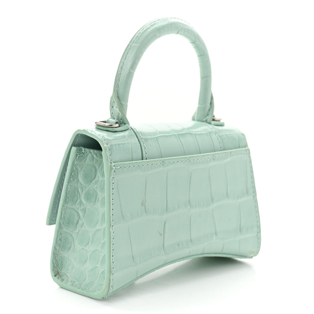 Shiny Calfskin Crocodile Embossed Hourglass Top Handle Bag Mini with Chain Green Acqua