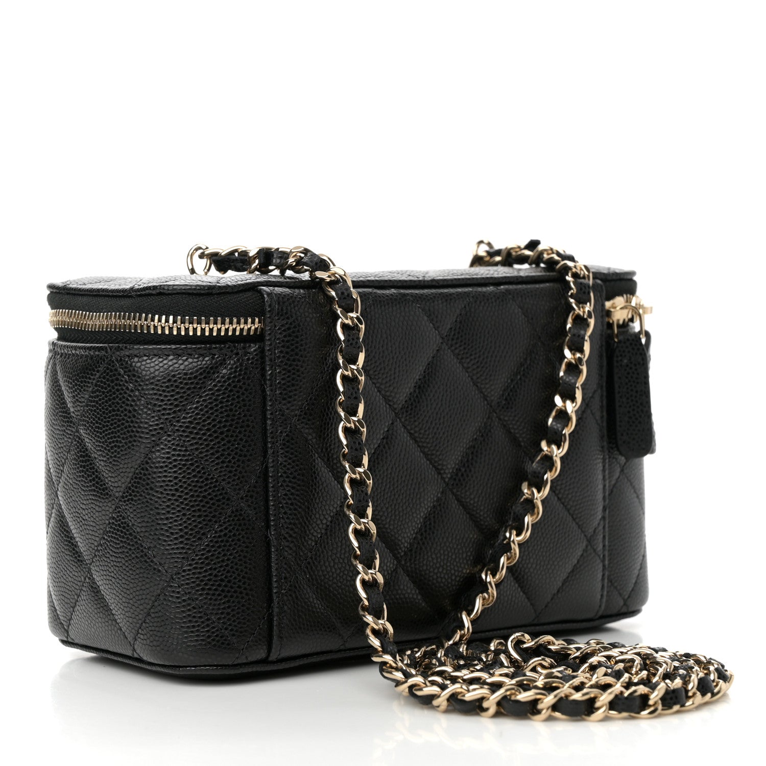 Caviar Quilted Crystal Hearts Small Vanity Case With Chain Black