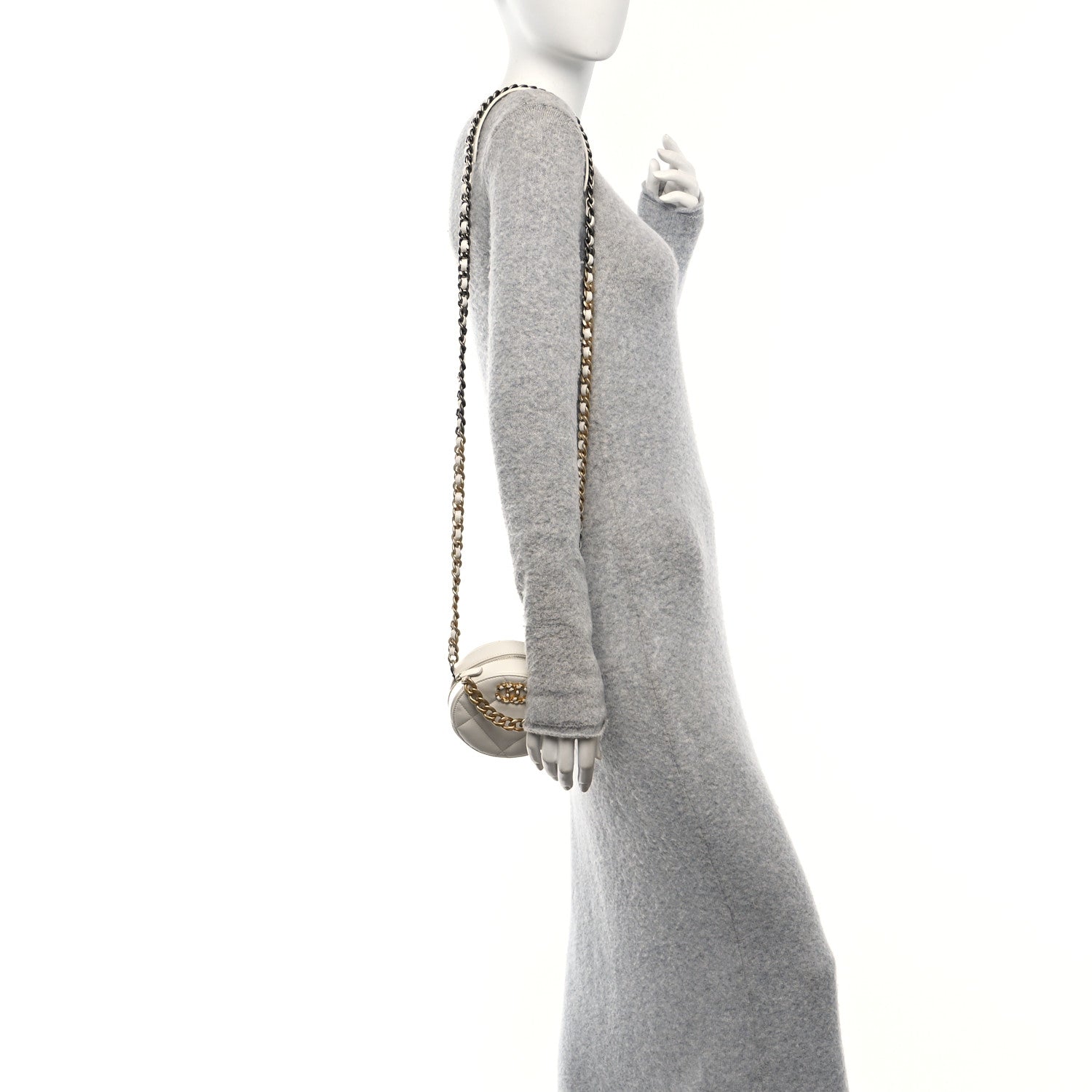 Shiny Goatskin Quilted Chanel 19 Round Clutch With Chain White