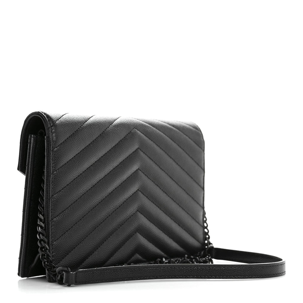 Grain De Poudre Matelasse Chevron Monogram Monochrome Envelope Chain Wallet Black