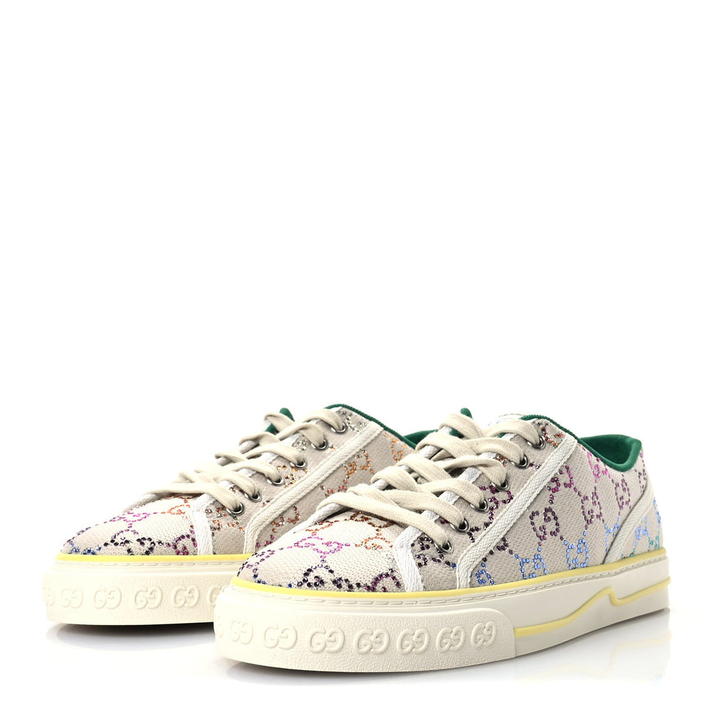 Canvas Lame Crystal GG Monogram Womens 1977 Tennis Sneakers 41 Gardenia Silver Mystic White