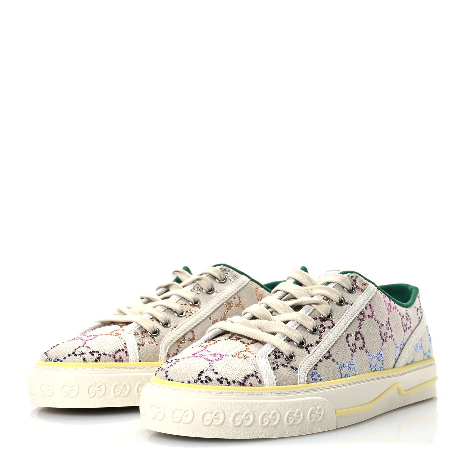 Canvas Lame Crystal GG Monogram Womens 1977 Tennis Sneakers 41 Gardenia Silver Mystic White