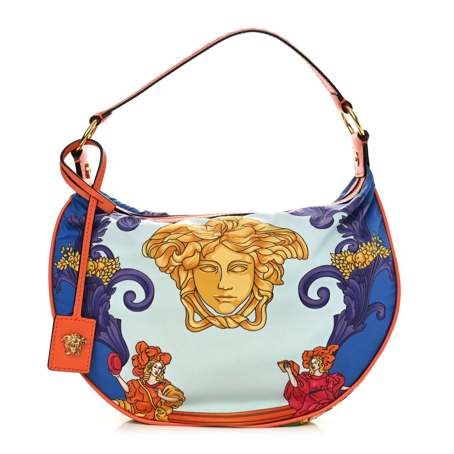 Nylon Calfskin Medusa Renaissance Print Hobo Bag Multicolor