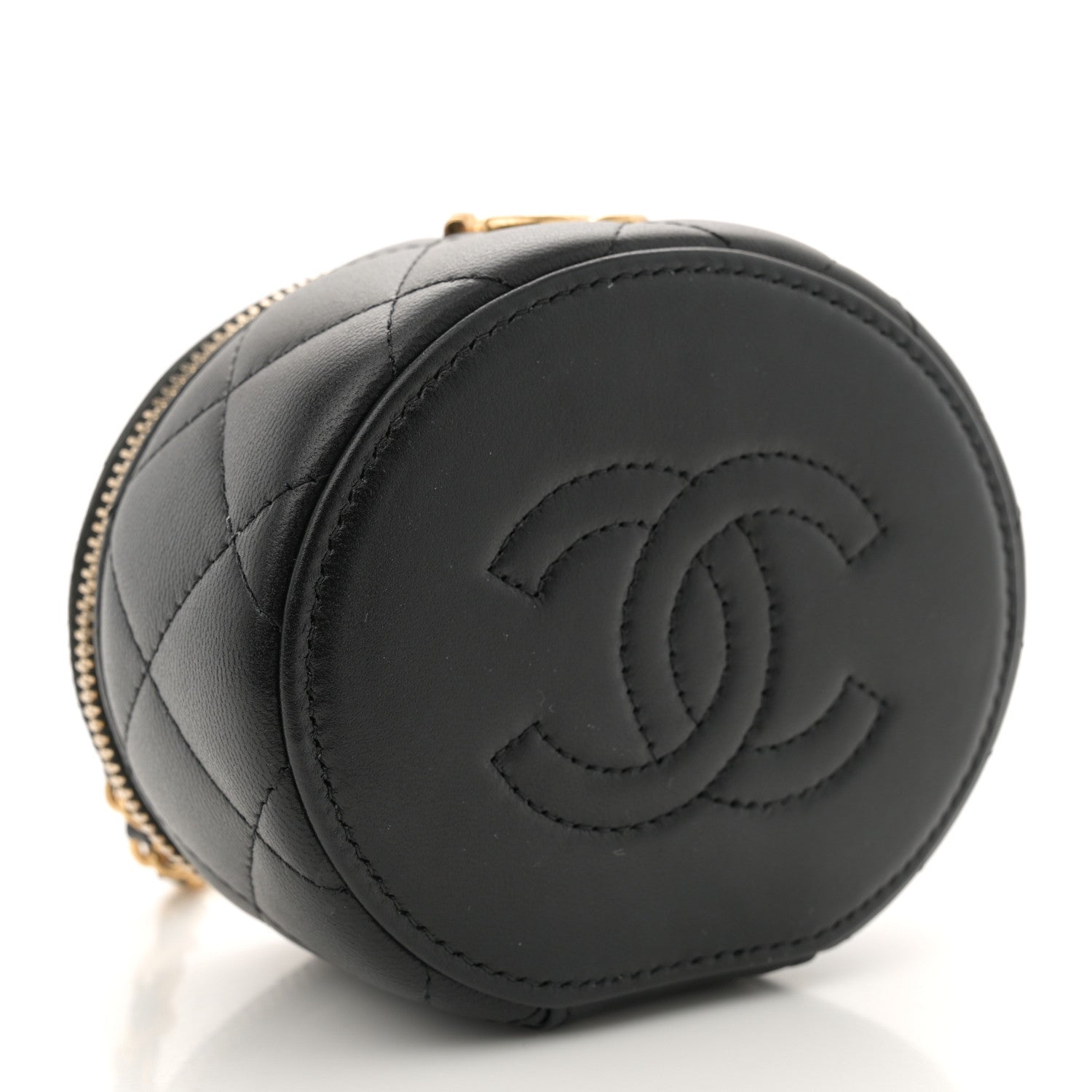 Lambskin Pearl Crystal Quilted Pearly Girl Top Handle Round Vanity Case With Chain Black