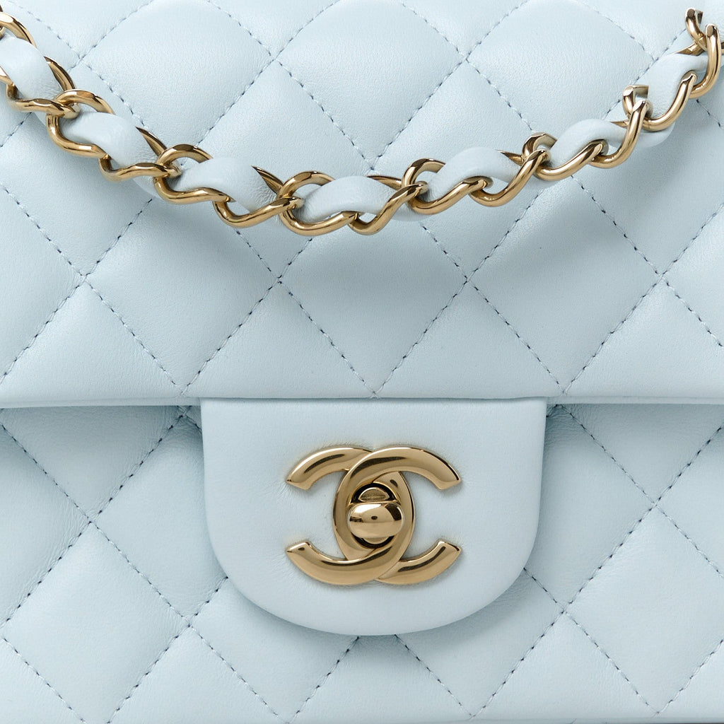 Lambskin Quilted Mini Rectangular Flap Light Blue