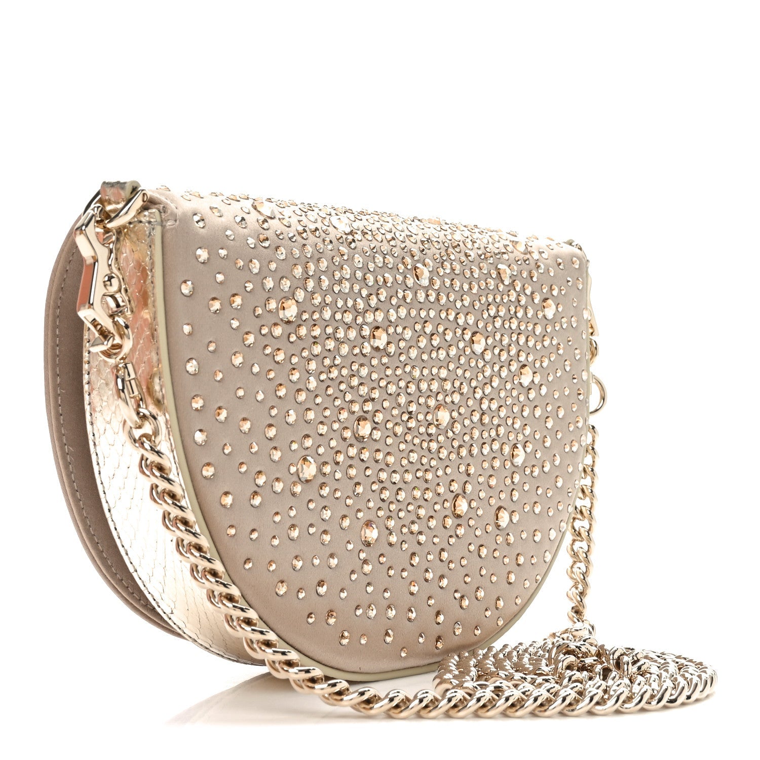 Satin Crystal Half Moon Chain Shoulder Bag Beige