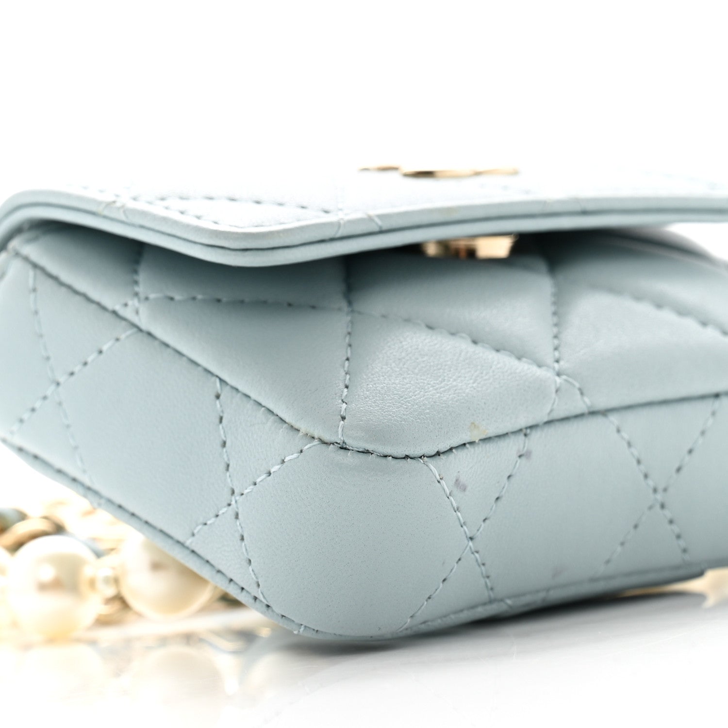 Lambskin Quilted Pearl Chain Belt Bag Light Blue