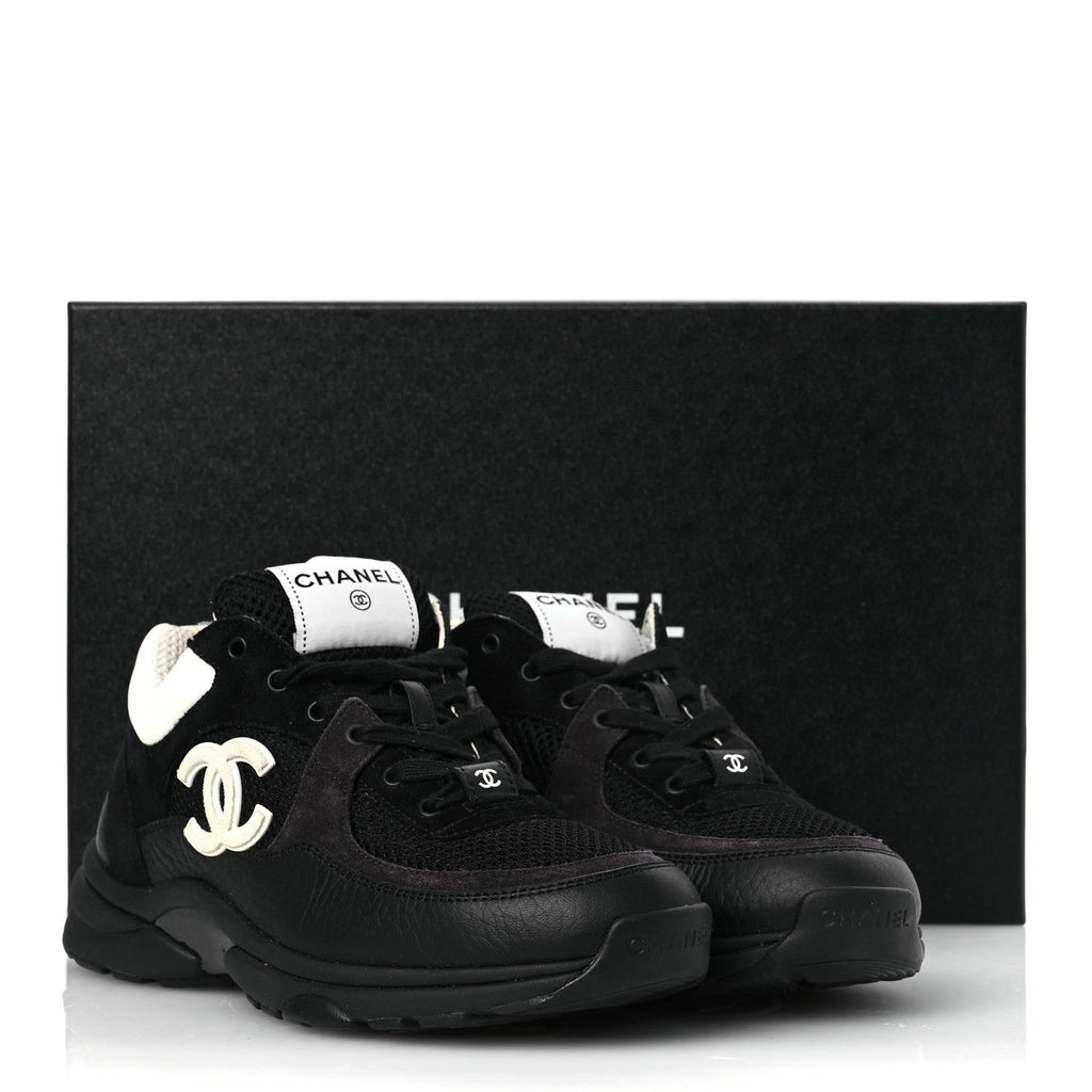 Mesh Suede Grained Calfskin Womens CC Sneakers 37 Black White