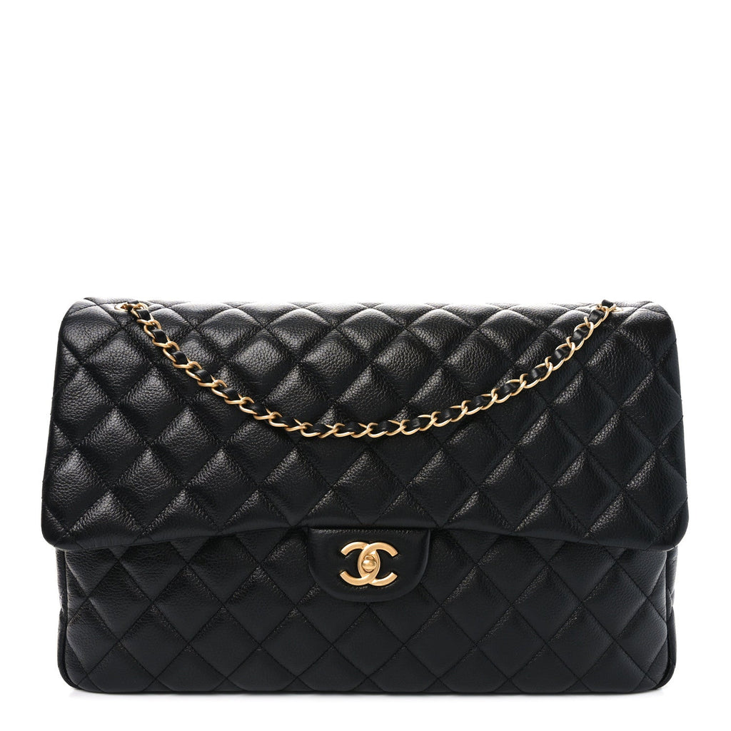 Grained Calfksin Quilted XXL Travel Flap Bag Black