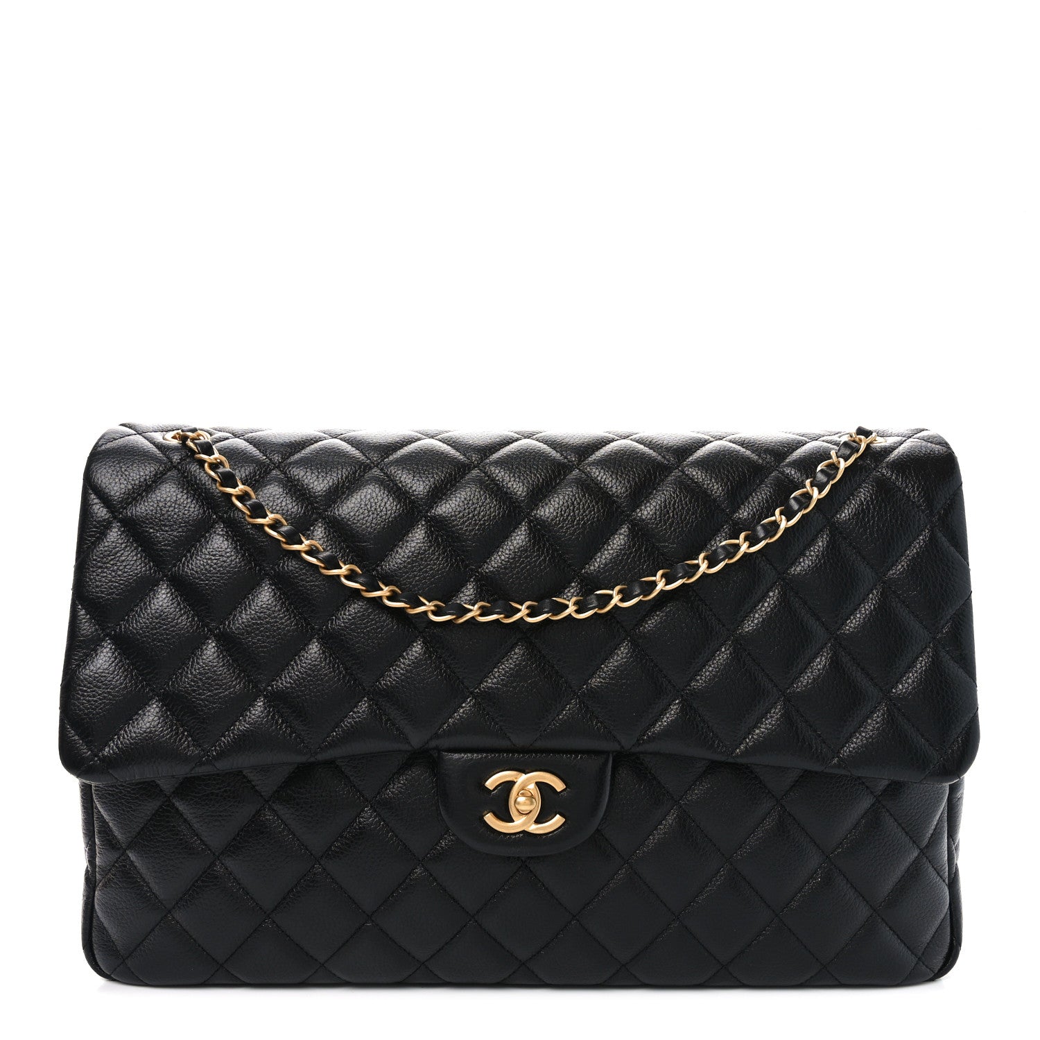 Grained Calfksin Quilted XXL Travel Flap Bag Black