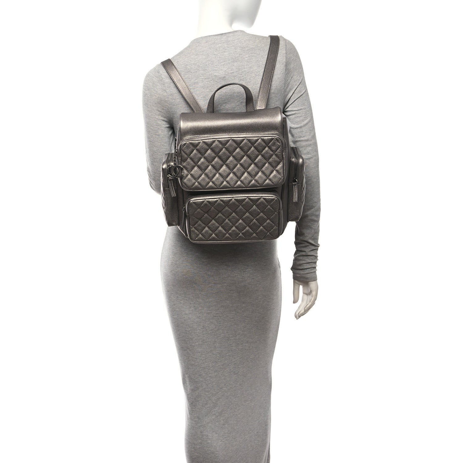 Metallic Grained Calfskin Quilted Large Casual Rock Backpack Charcoal