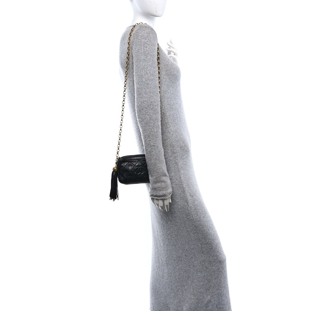Lambskin Quilted Tassel Camera Case Black