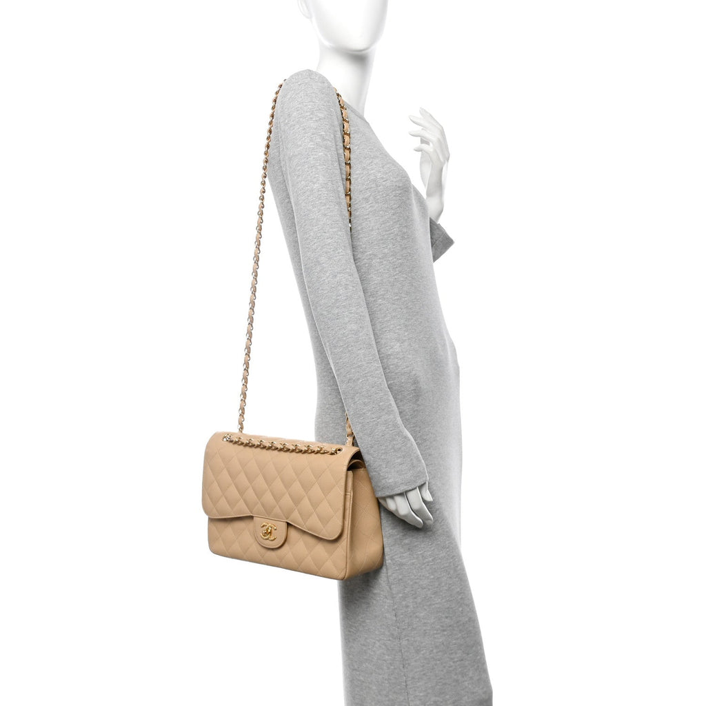 Caviar Quilted Jumbo Double Flap Beige
