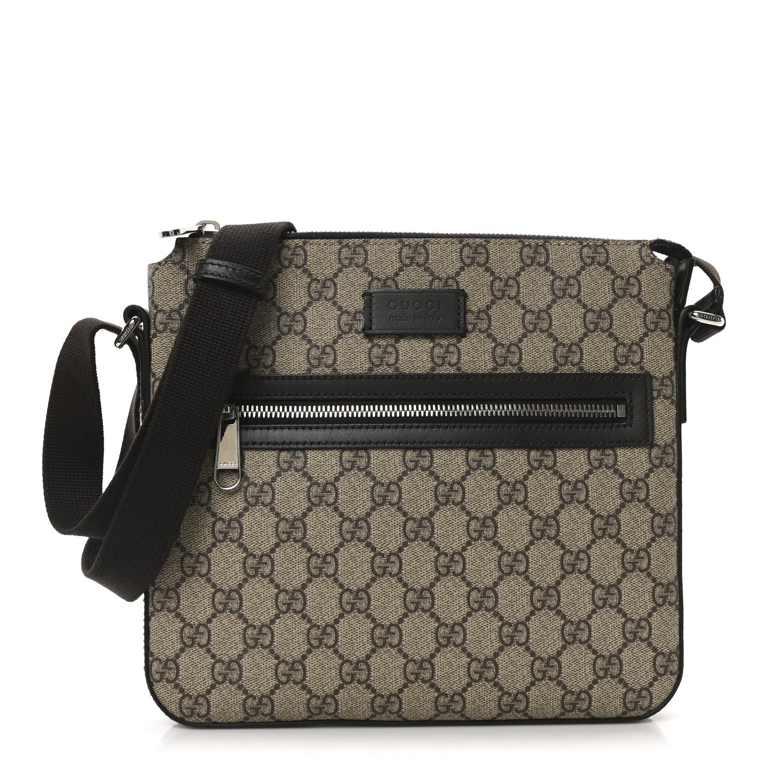 GG Supreme Monogram Selleria Calfskin Small Flat Side Zip Messenger Bag Beige Ebony Cocoa Dark Chocolate