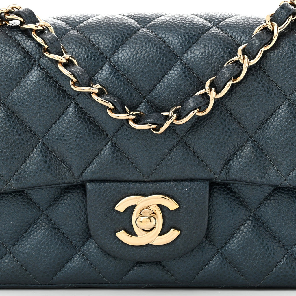 Iridescent  Caviar Quilted Mini Rectangular Flap  Dark Blue