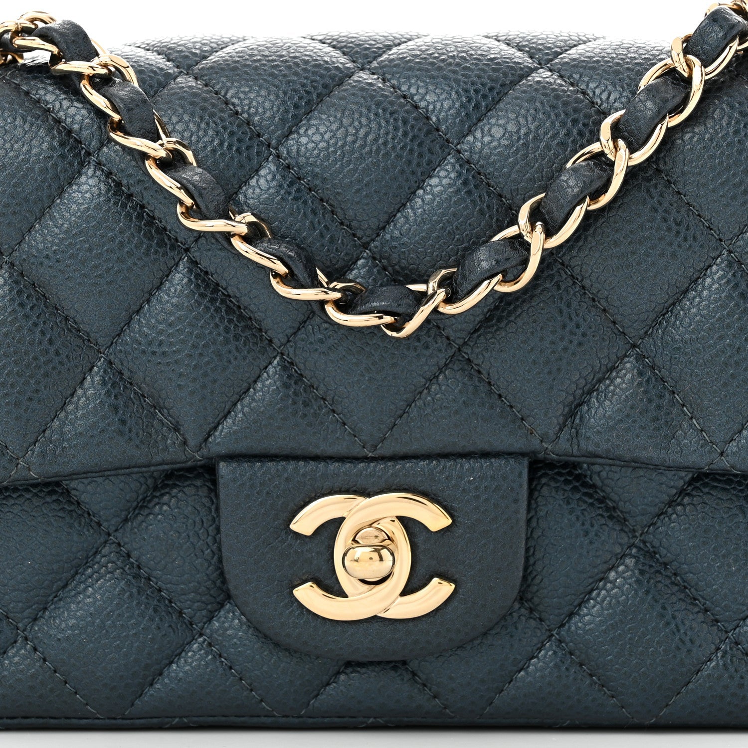 Iridescent  Caviar Quilted Mini Rectangular Flap  Dark Blue
