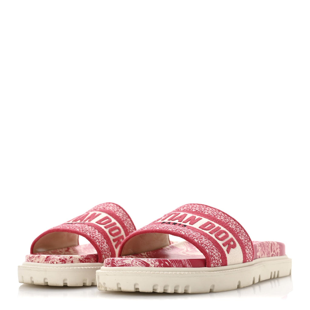 Canvas Toile de Jouy Embroidered Dway 10mm Slide Sandals 36.5 Off White Raspberry
