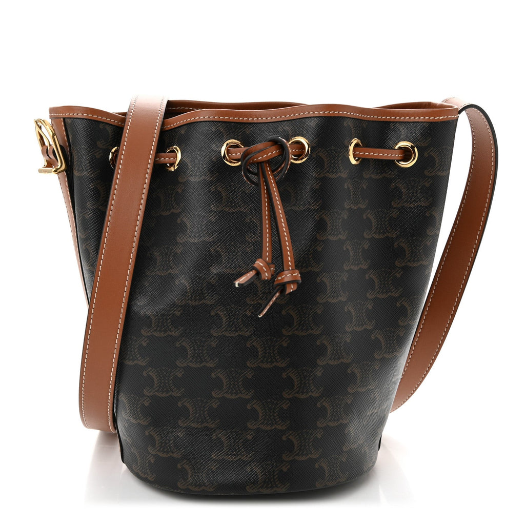 Triomphe Canvas Calfskin Small Drawstring Bucket Bag Tan