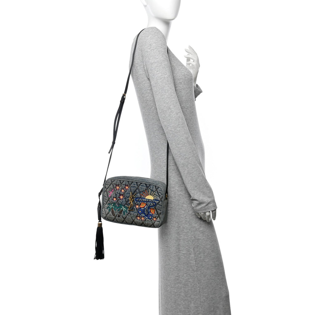 Denim Matelasse Quilted Summer Embroidered Classic Monogram Camera Bag Blue
