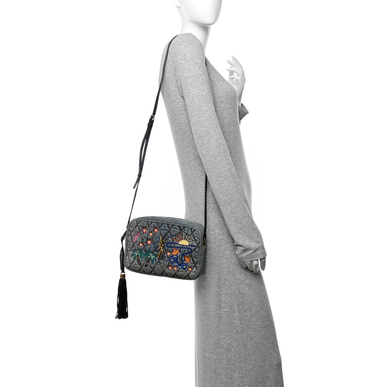 Denim Matelasse Quilted Summer Embroidered Classic Monogram Camera Bag Blue