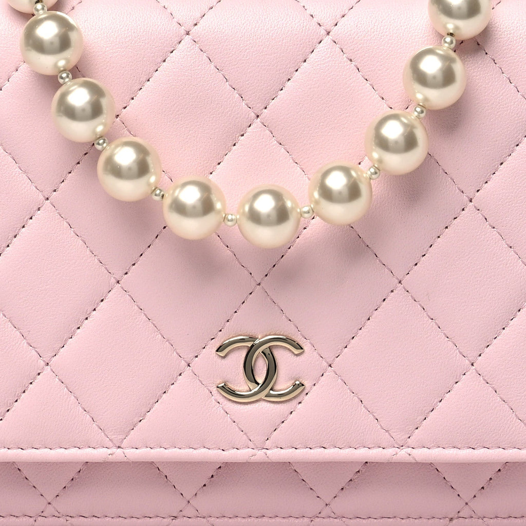 Lambskin Quilted Pearl Wallet On Chain WOC Pink