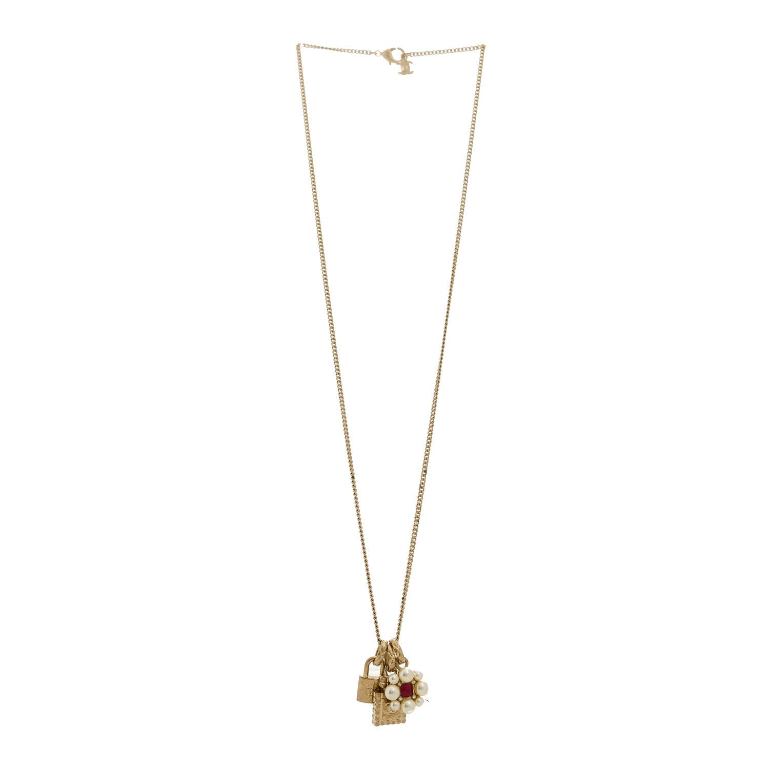 Crystal Pearl Lock Perfume Bottle CC Pendant Necklace Gold Red White
