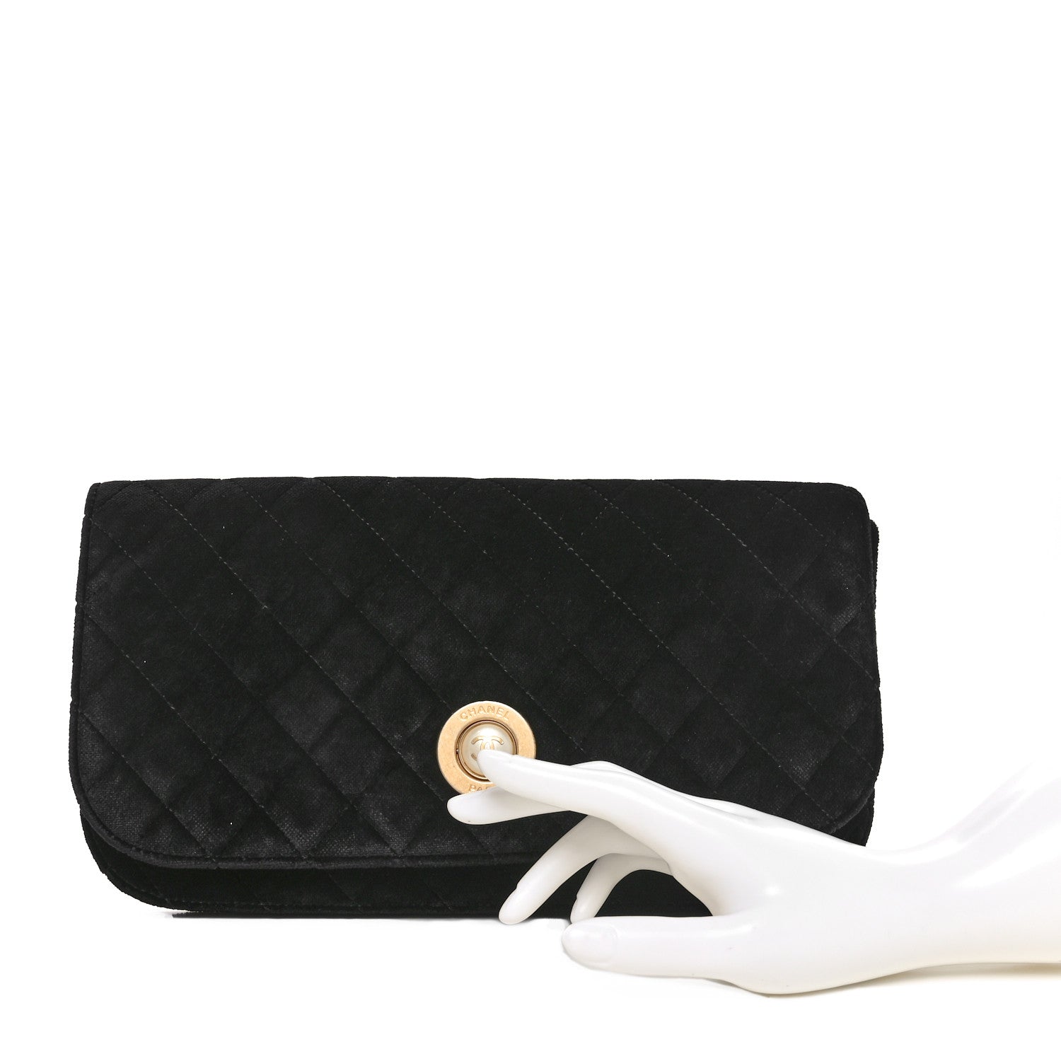 Velvet Quilted CC Pearl Clutch Black