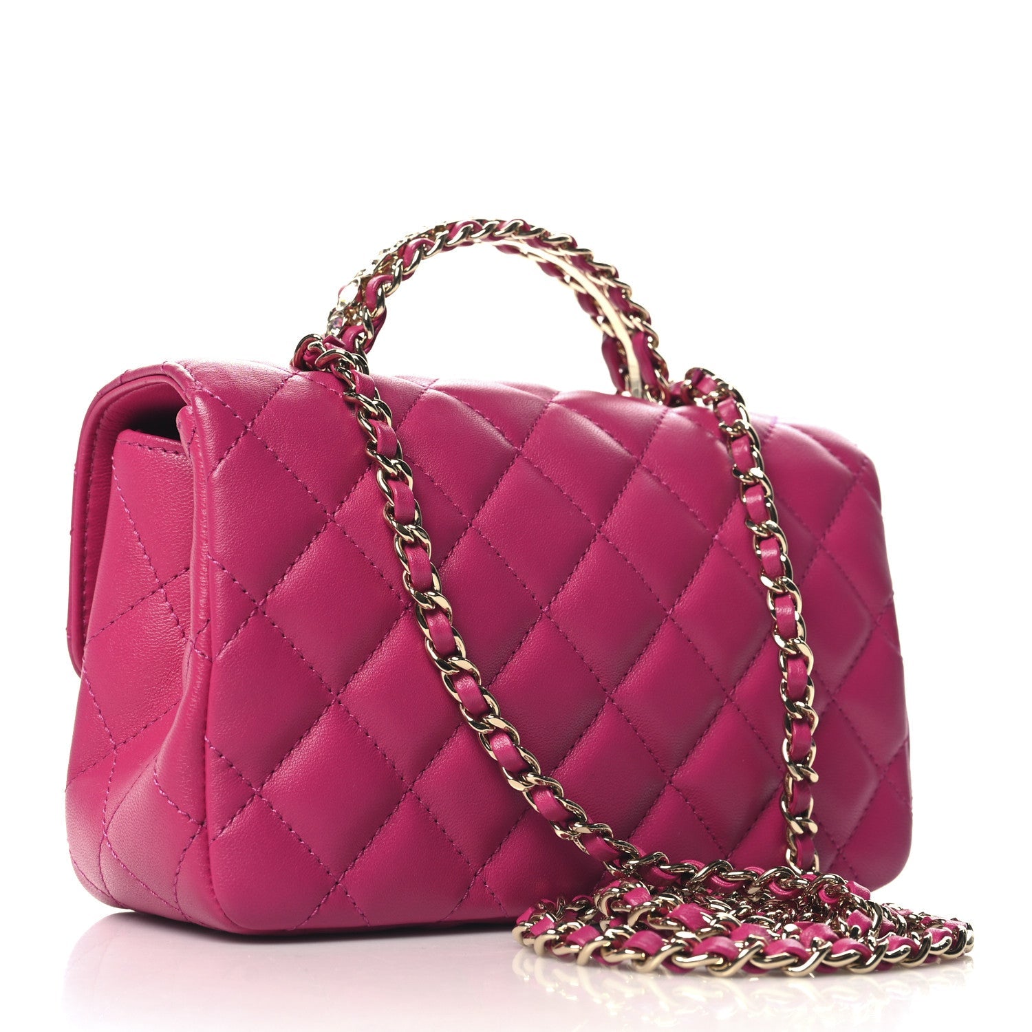 Lambskin Quilted Mini Crystal Top Handle Rectangular Flap Dark Pink