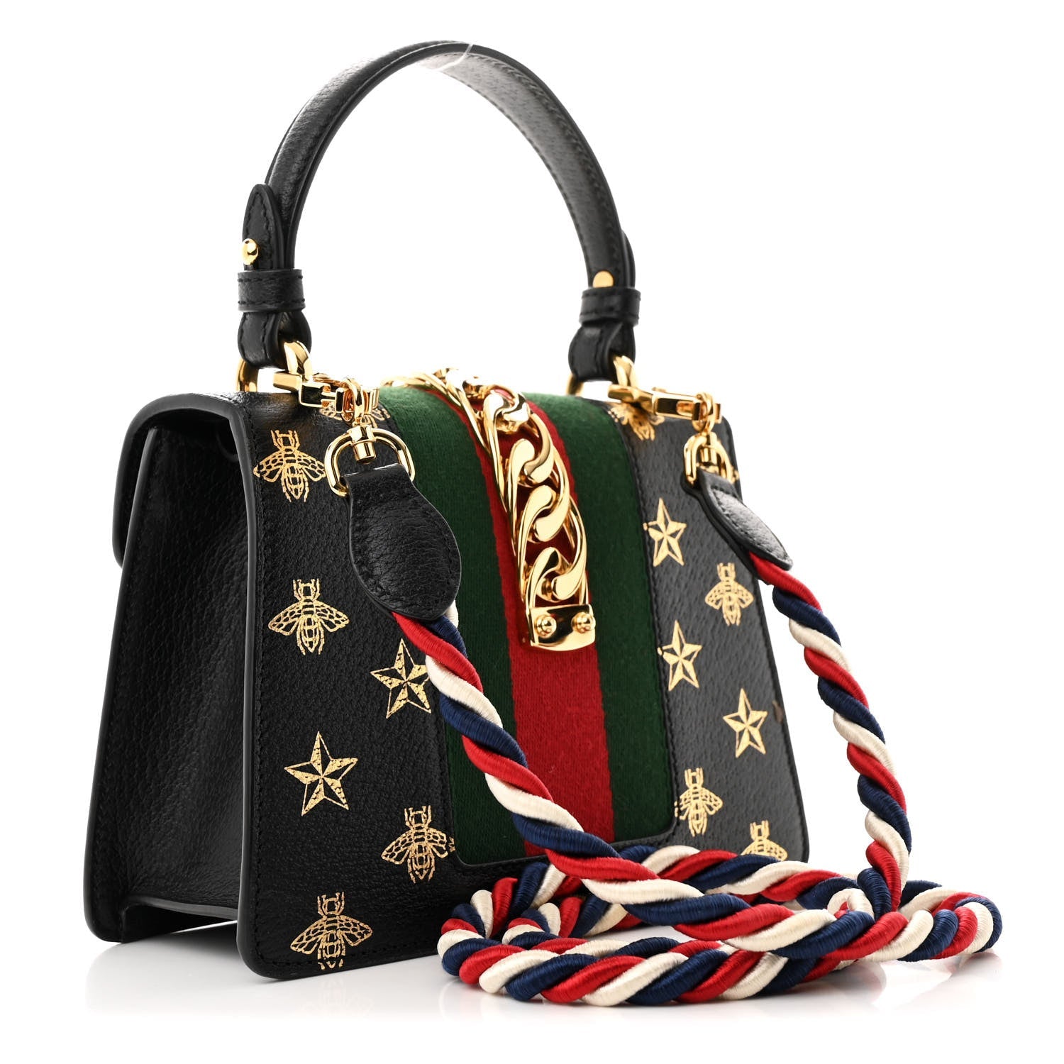 Textured Calfskin Bee Star Print Mini Sylvie Top Handle Bag Black