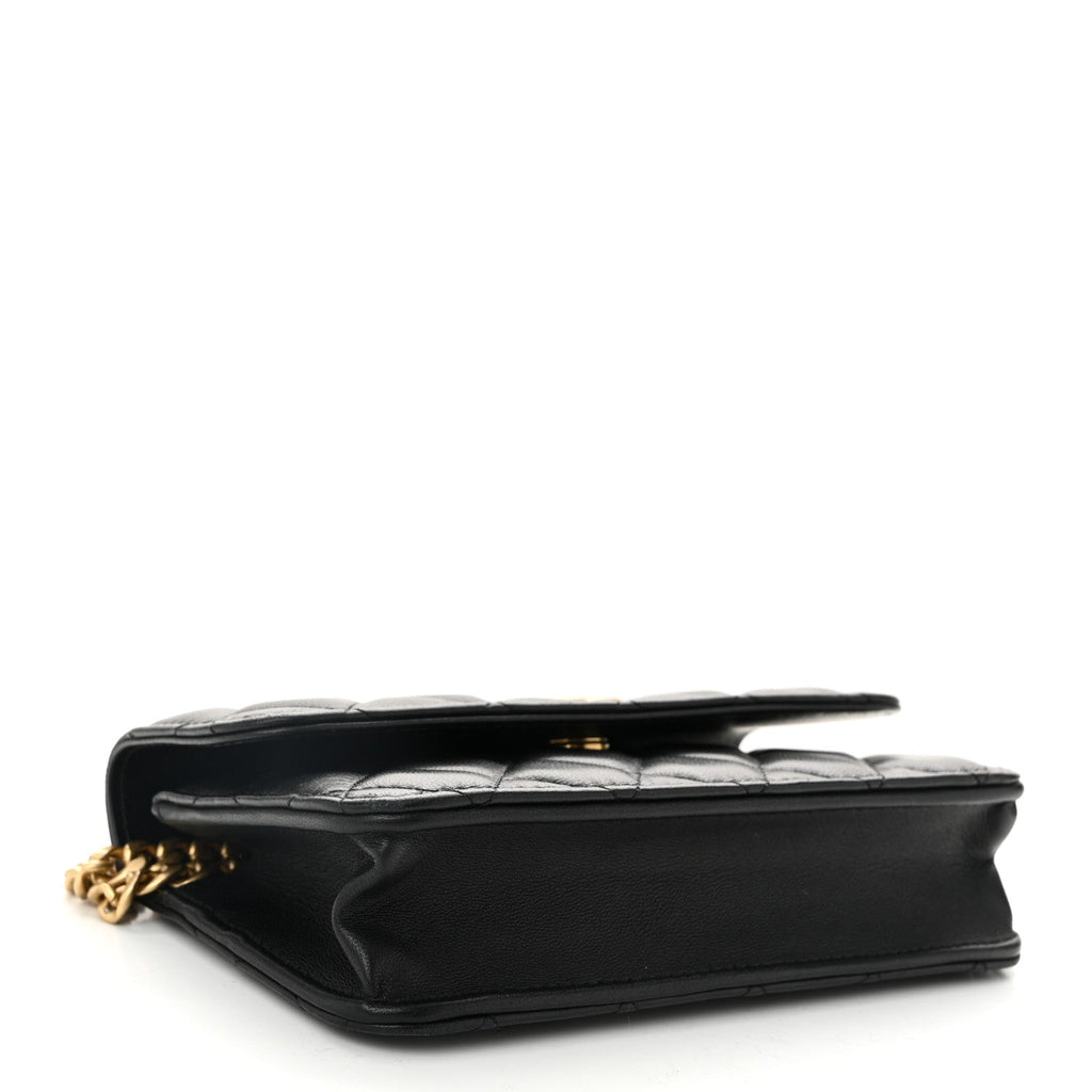 Lambskin Quilted Sweet Camellia Flap Phone Holder With Chain Black