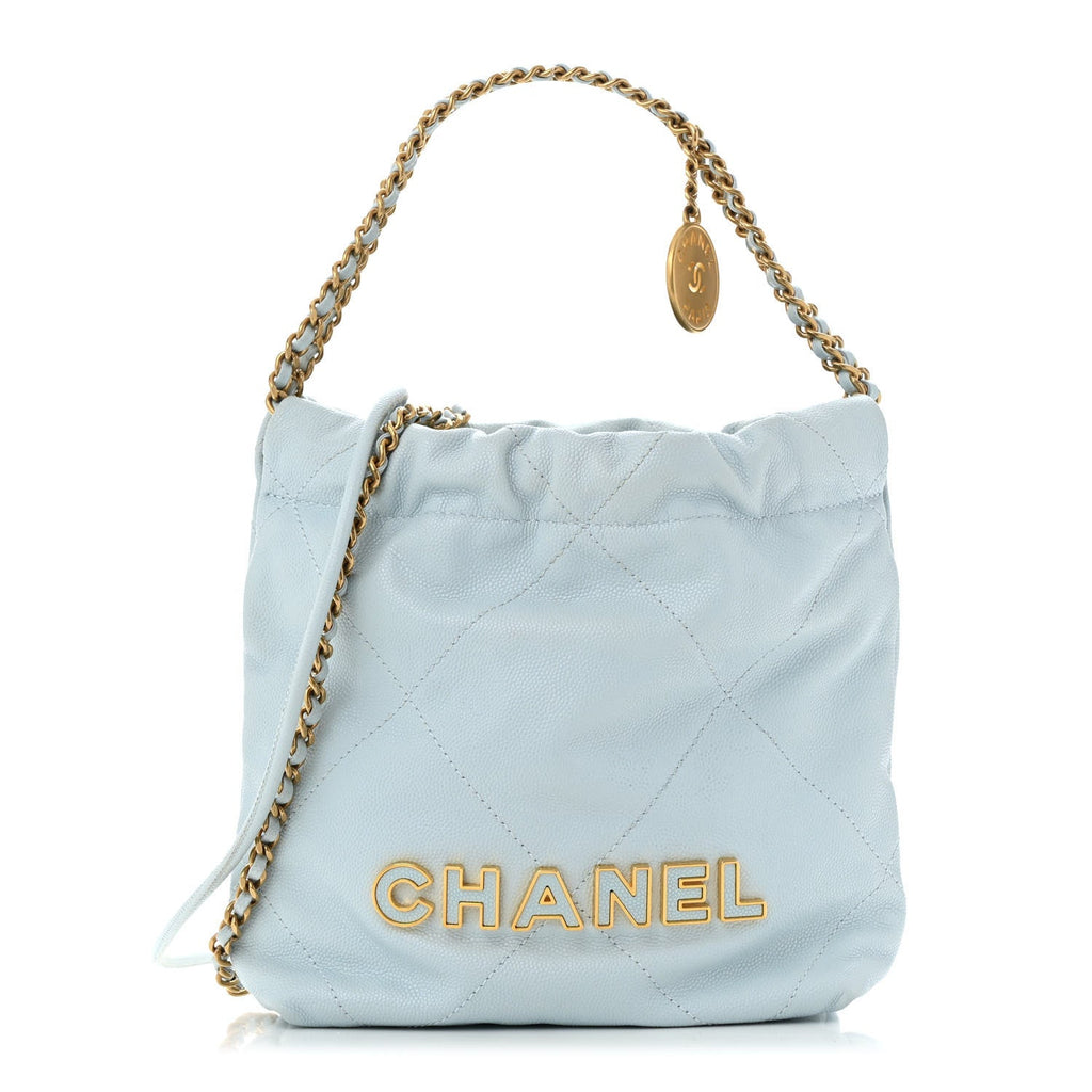 Shiny Caviar Quilted Mini Chanel 22 Light Blue