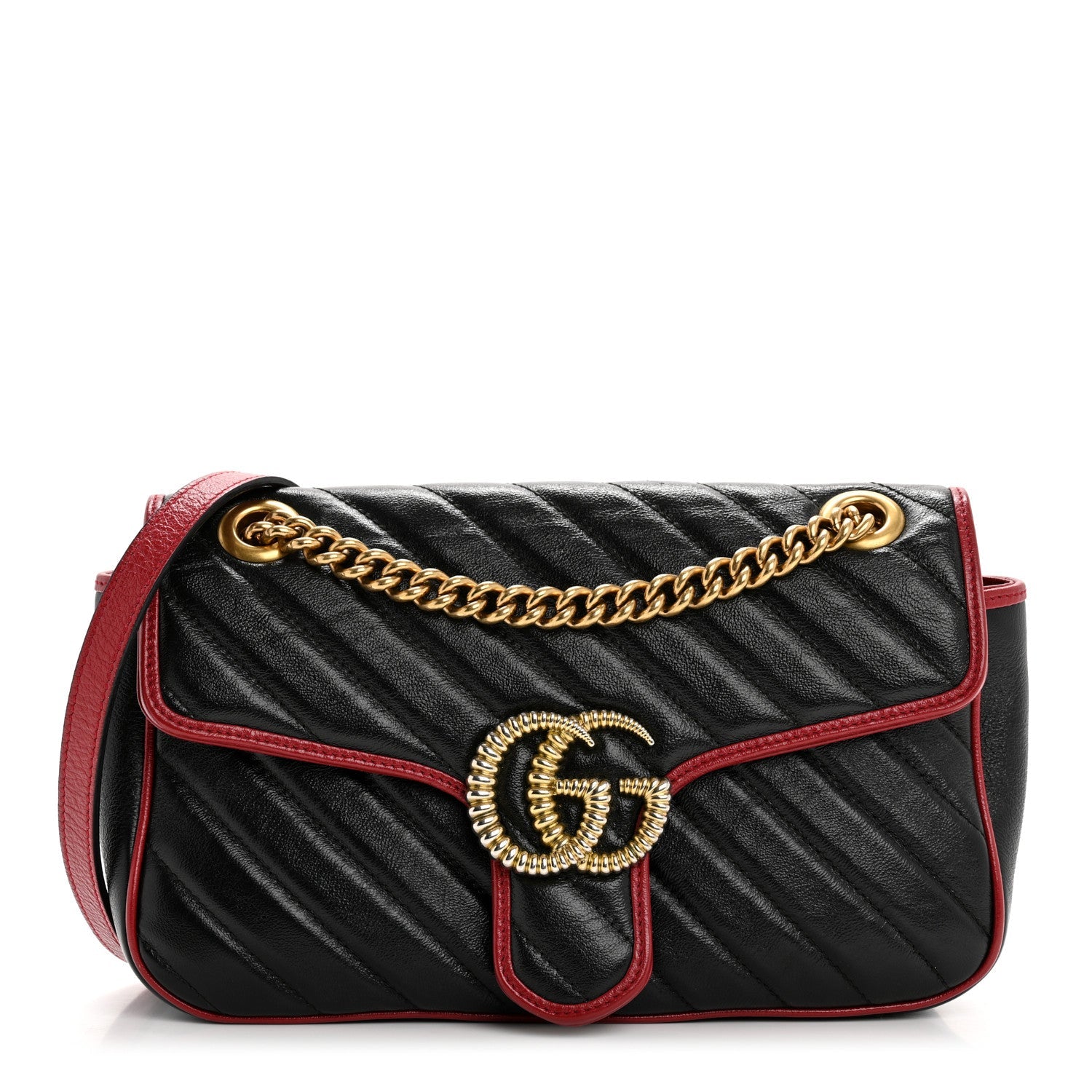 Vintage Effect Calfskin Matelasse Diagonal Small Torchon GG Marmont Shoulder Bag Black Romantic Cherry