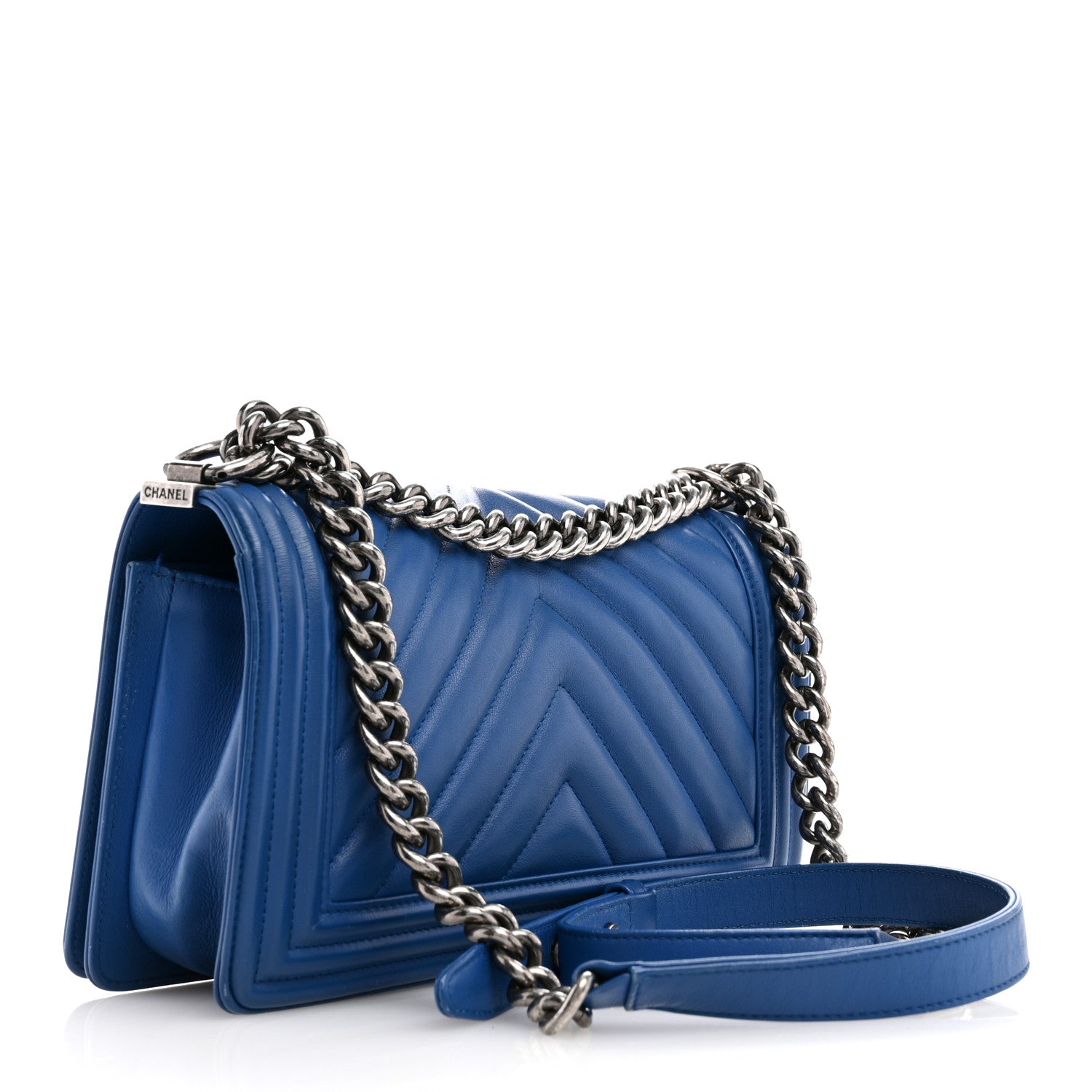 Calfskin Chevron Quilted Medium Boy Flap Blue