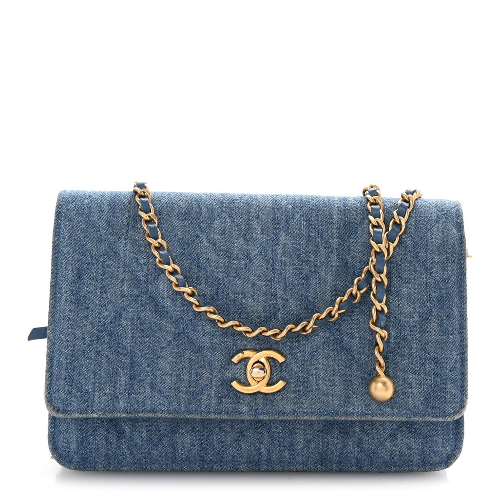 Denim Quilted CC Pearl Crush Wallet on Chain WOC Blue