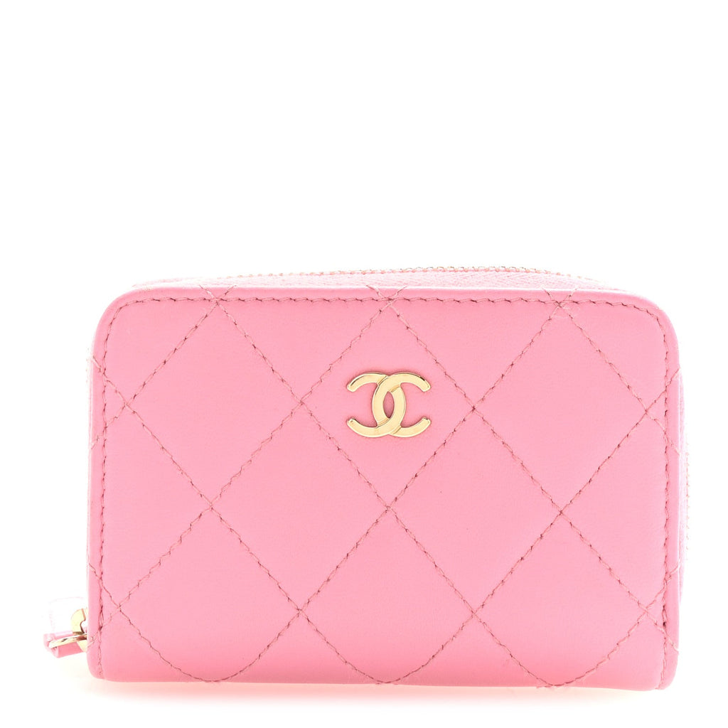 Lambskin Quilted Zip Around Coin Purse Wallet Pink