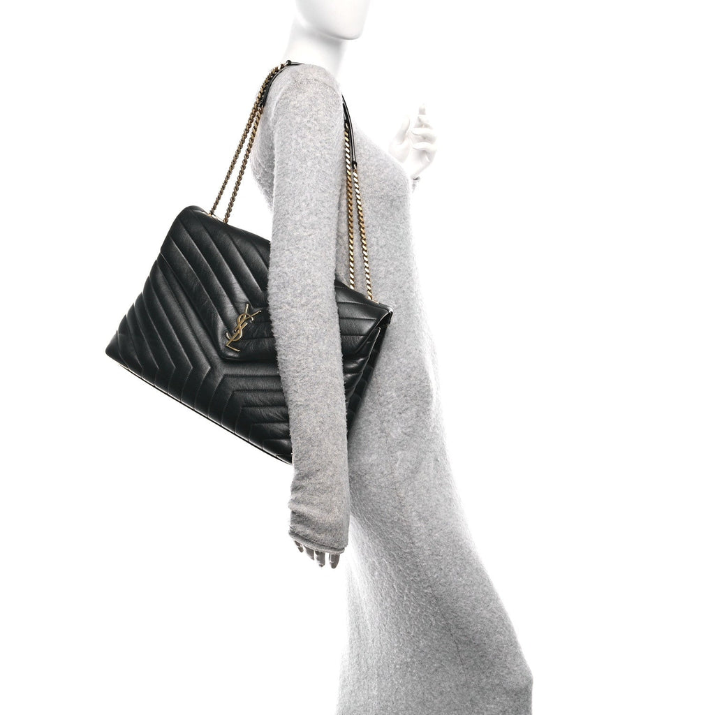 Calfskin Y Quilted Monogram Large Loulou Chain Satchel Black
