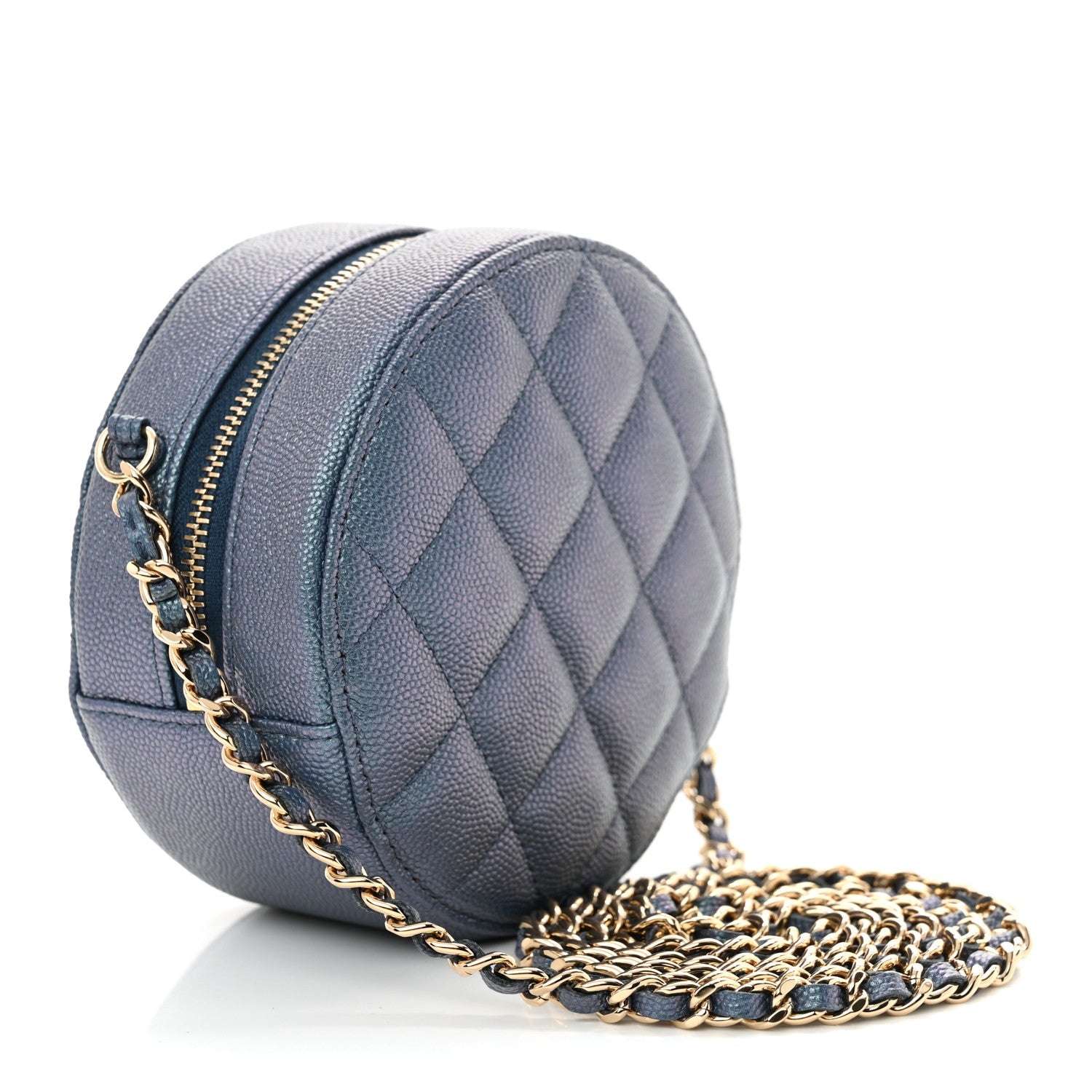 Iridescent Caviar Quilted Round Clutch With Chain Blue