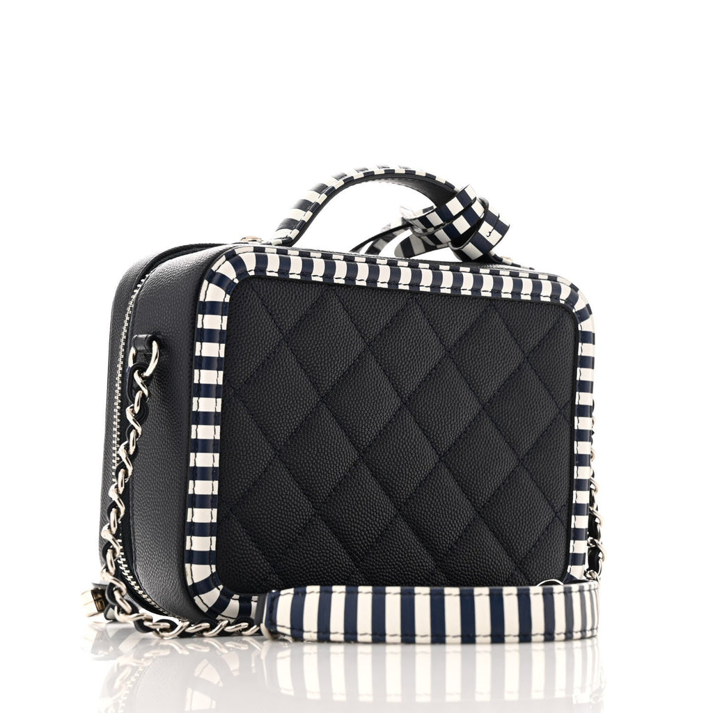 Caviar Quilted Striped Small CC Filigree Vanity Case Navy White