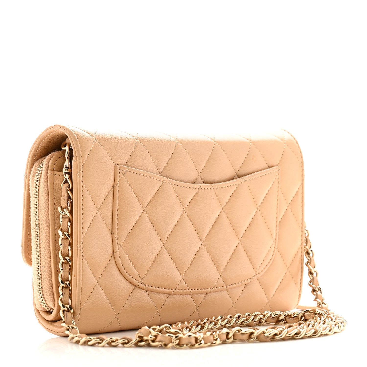 Lambskin Quilted Phone Holder Wallet on Removable Chain Beige