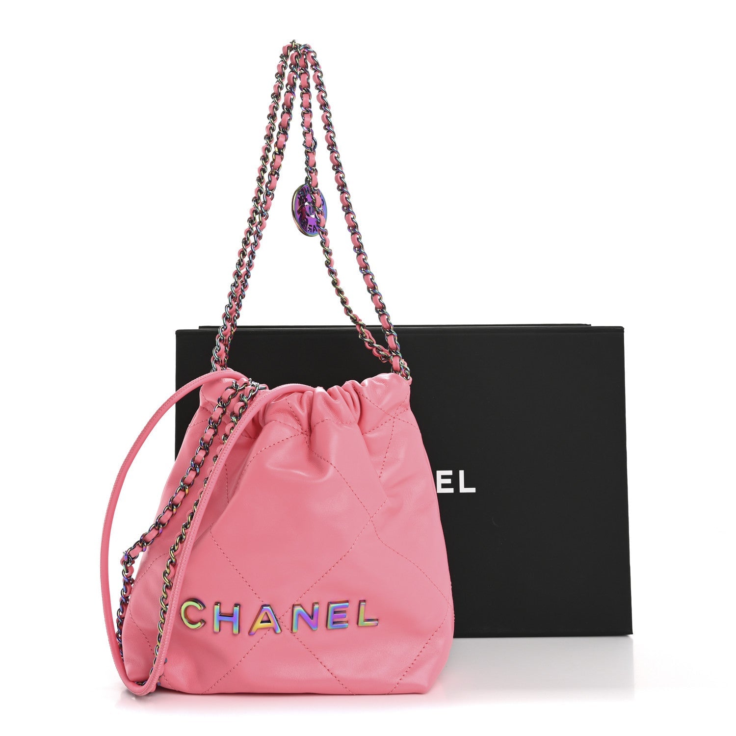 Shiny Calfskin Quilted Rainbow Metal Mini Chanel 22 Coral Pink