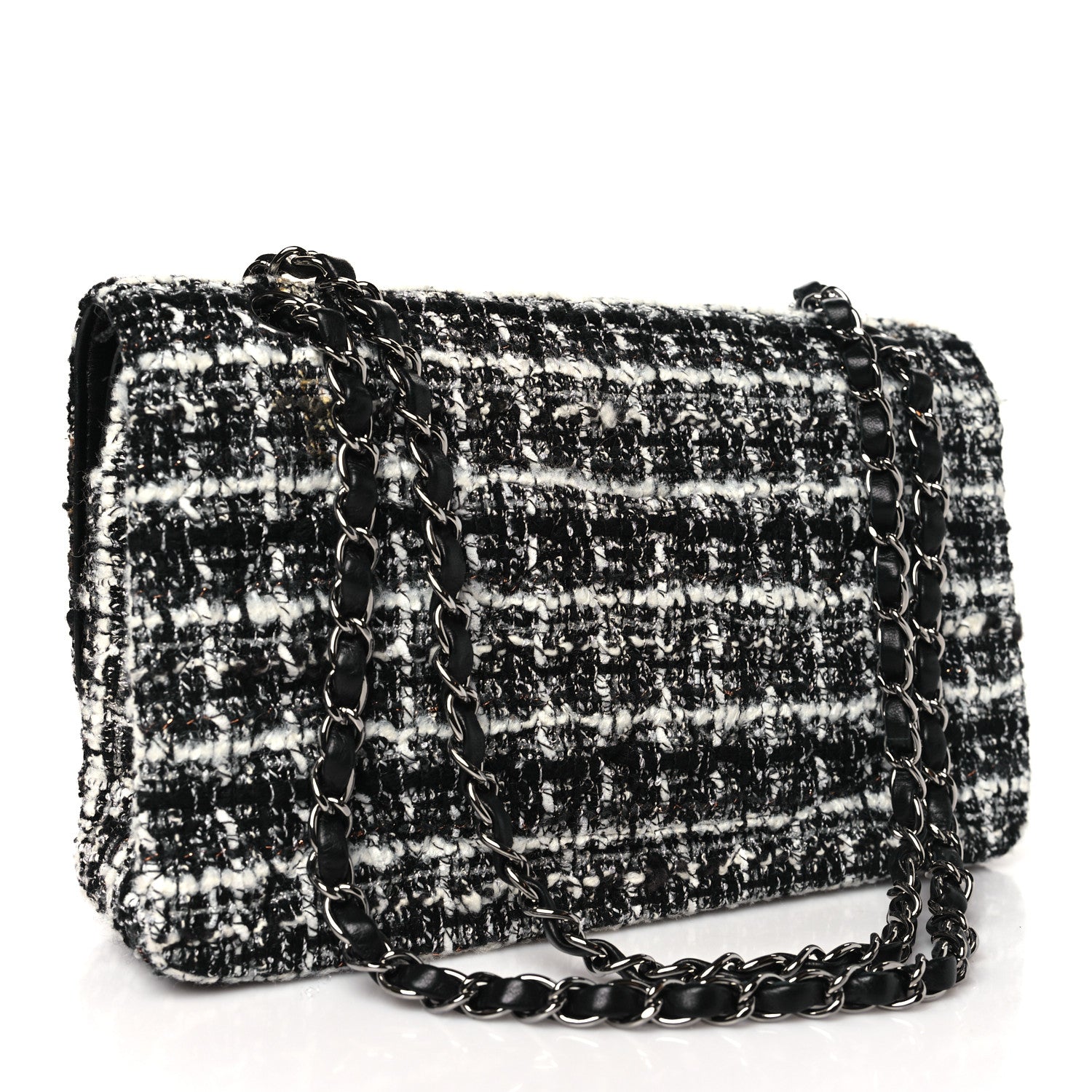 Tweed Quilted Medium Double Flap Black