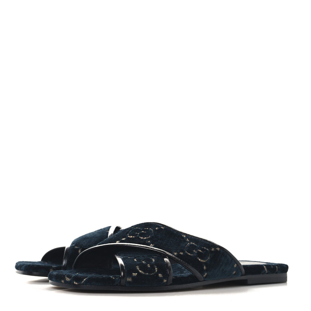 Velvet GG Monogram Womens Criss Cross Slide Sandals 36 Blue Beige Black