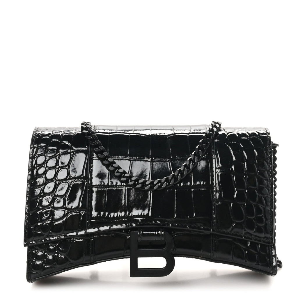 Shiny Calfskin Monochrome Crocodile Embossed Hourglass Chain Bag Black
