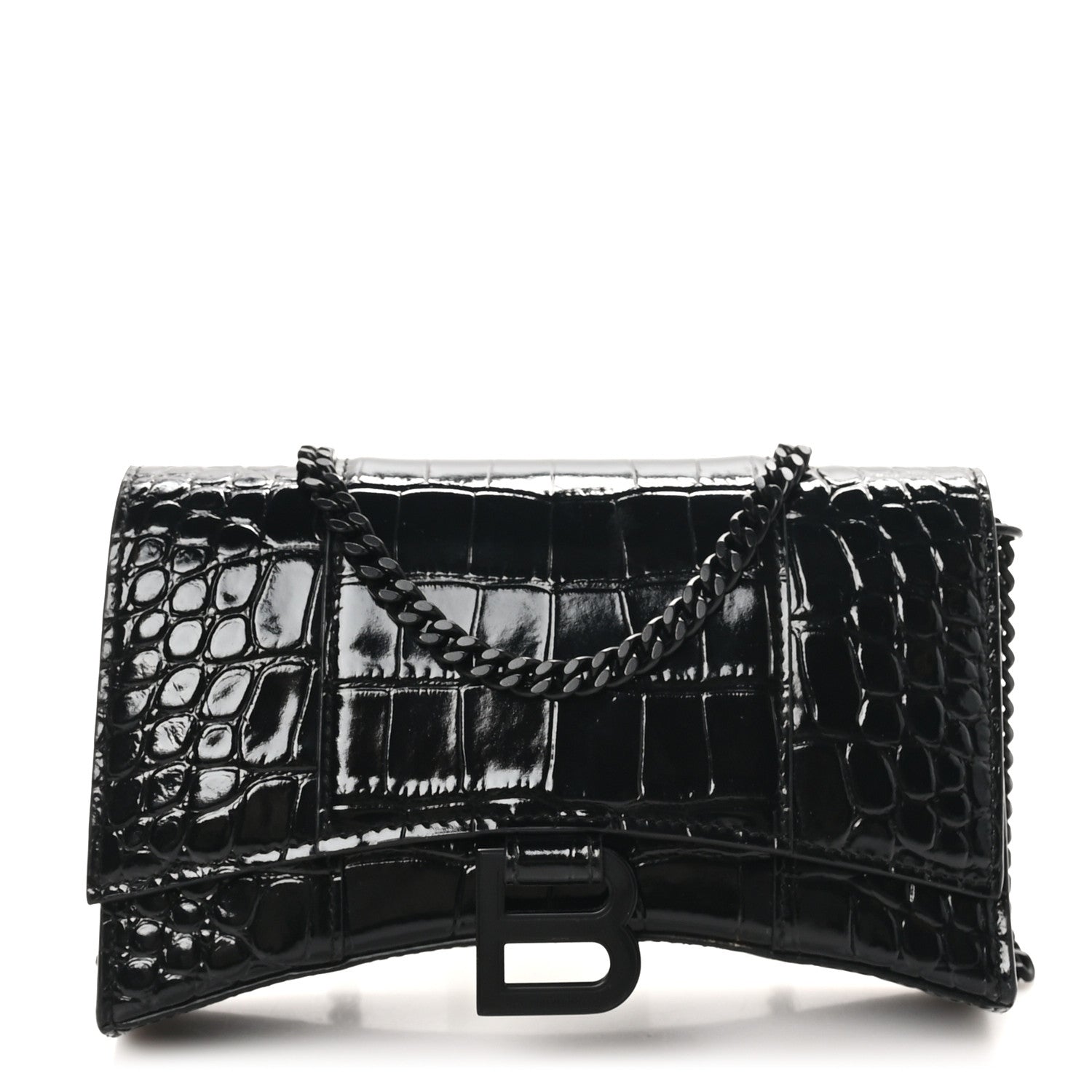 Shiny Calfskin Monochrome Crocodile Embossed Hourglass Chain Bag Black