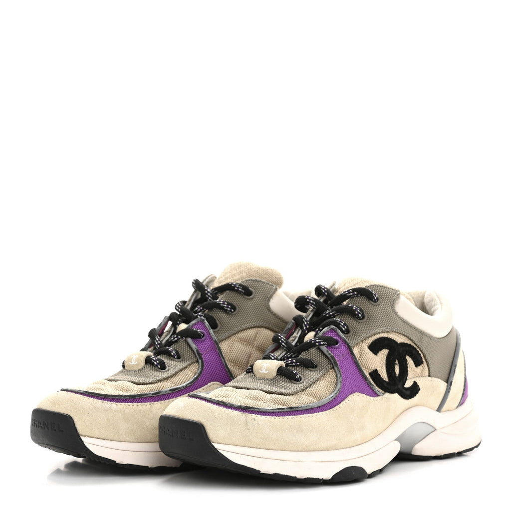 Fabric Suede Calfskin Womens CC Sneakers 38.5 Beige Dark Beige Purple
