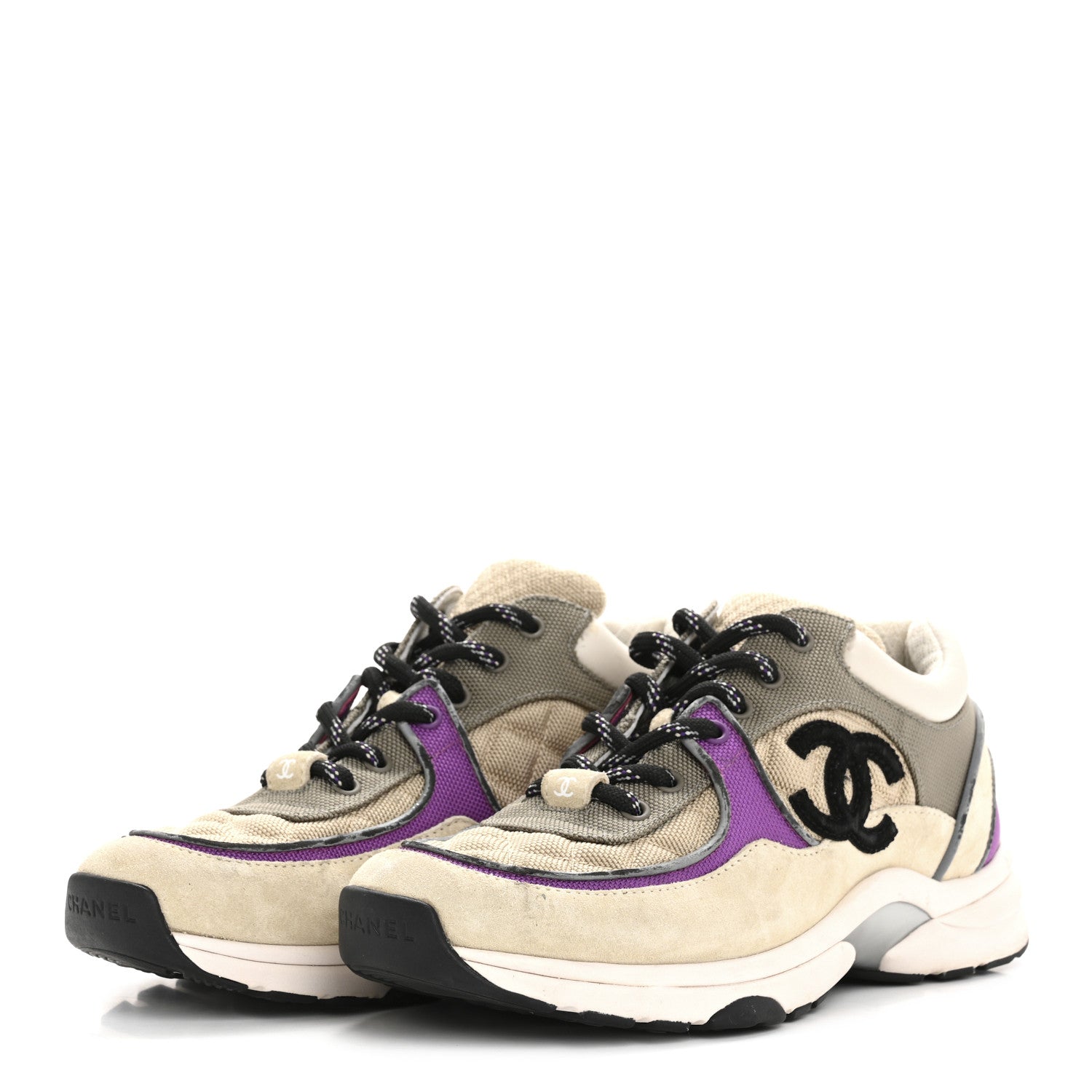 Fabric Suede Calfskin Womens CC Sneakers 38.5 Beige Dark Beige Purple