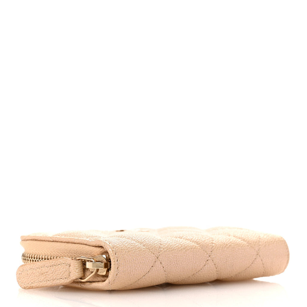Iridescent Caviar Quilted Zip Around Coin Purse Beige