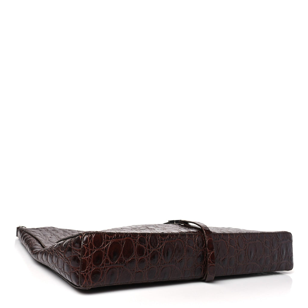 Calfskin Crocodile Embossed Large Cut Out Shoulder Bag Brown