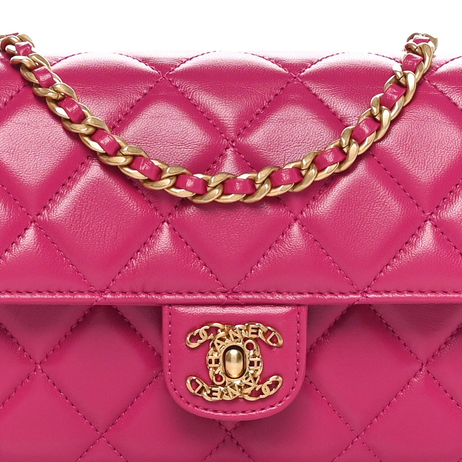 Shiny Lambskin Quilted Flap Clutch Bag Dark Pink
