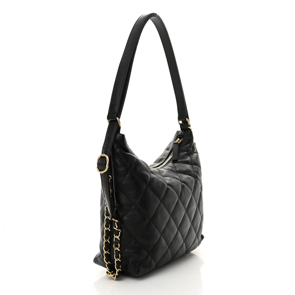 Lambskin Quilted Maxi Hobo Black